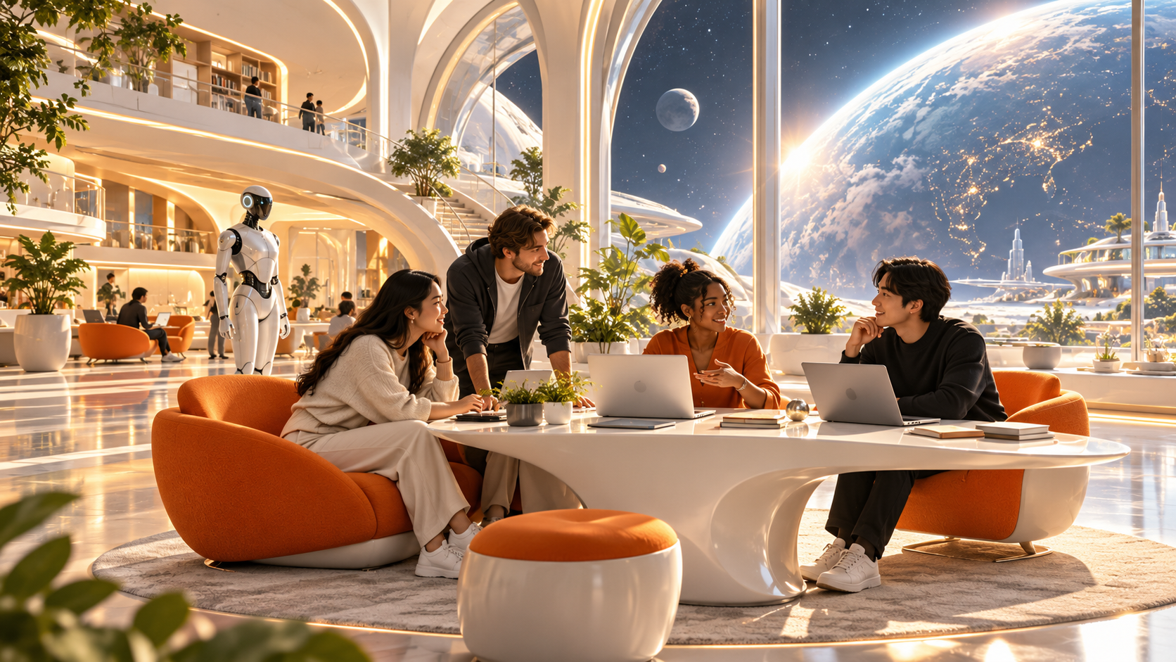 Concept illustration of students collaborating in a bright futuristic learning lounge overlooking a planet
